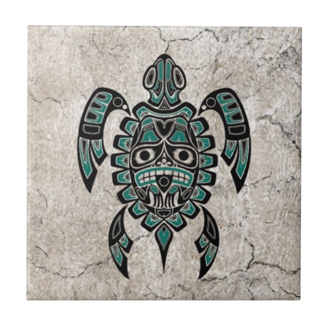 Cracked Teal Blue Haida Spirit Sea Turtle Tile (Front)