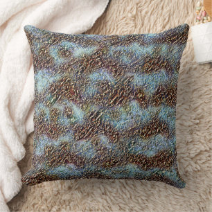 Cracked texture, caramel brown to dirty light cyan throw pillow