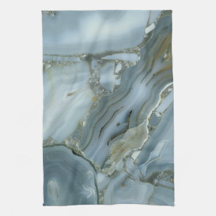 Turquoise & Faux Silver Agate Kitchen Towel Teal Marble 