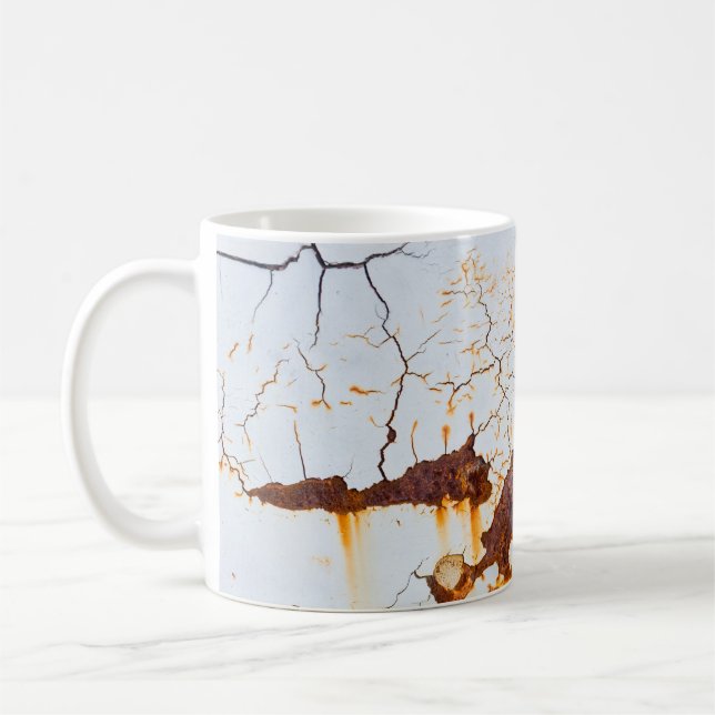 Cracked white paint, rusty car. coffee mug (Left)