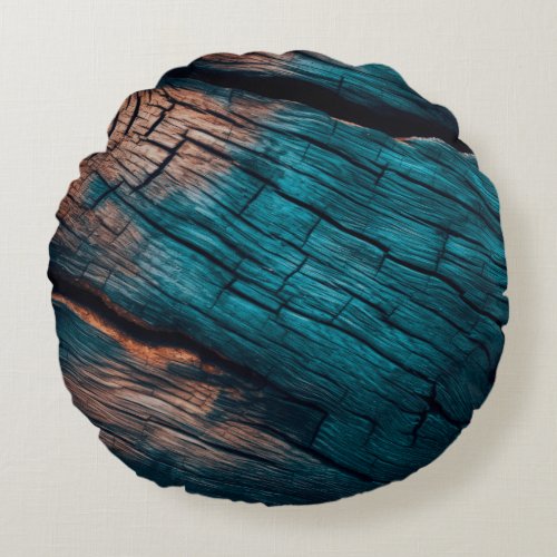 Cracked Wood Texture Orange  Teal Round Pillow
