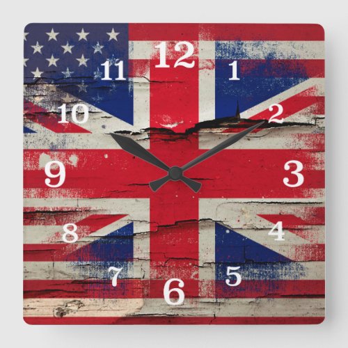 Crackle Paint  British American Flag Square Wall Clock