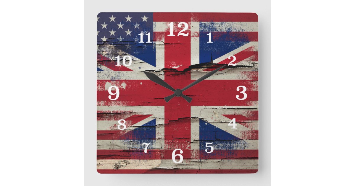 Crackle Paint | British American Flag Square Wall Clock | Zazzle