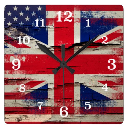 Crackle Paint | British American Flag Square Wall Clocks