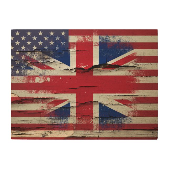 Crackle Paint | British American Flag Wood Wall Art (Front)