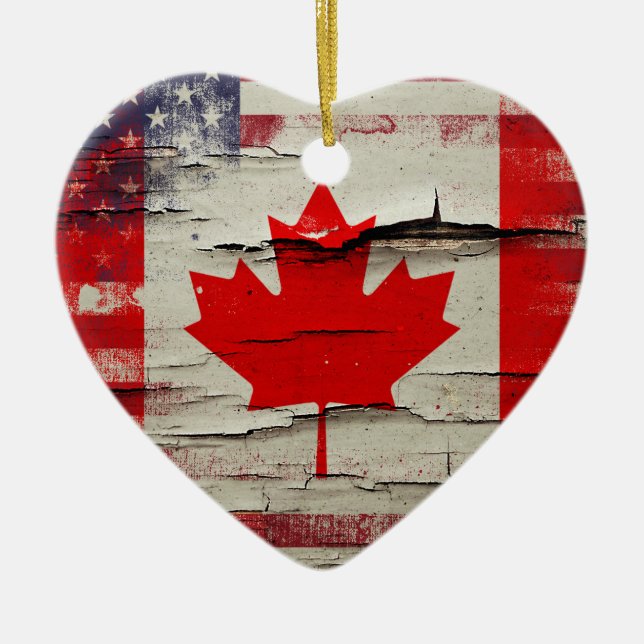 Crackle Paint | Canadian American Flag Ceramic Ornament (Front)