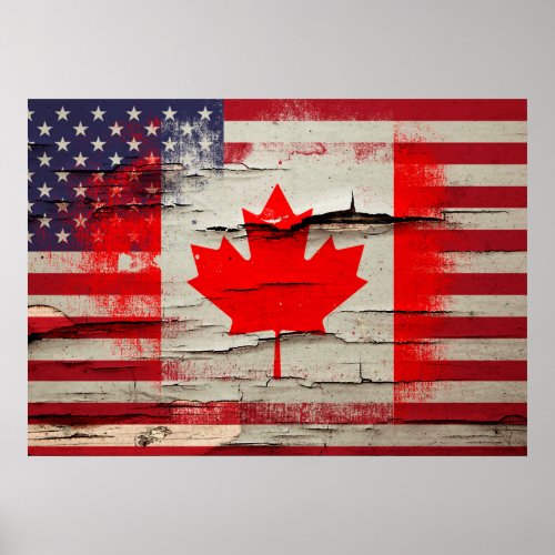 Crackle Paint  Canadian American Flag Poster