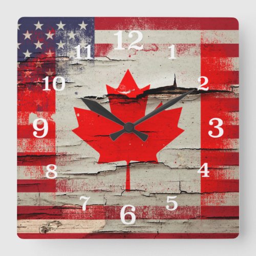 Crackle Paint  Canadian American Flag Square Wall Clock