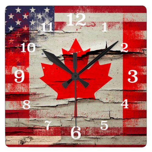 Crackle Paint | Canadian American Flag Square Wallclocks