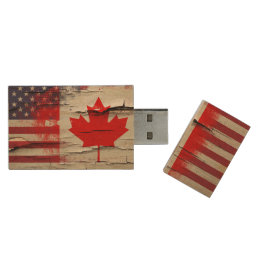 Crackle Paint | Canadian American Flag Wood USB Flash Drive