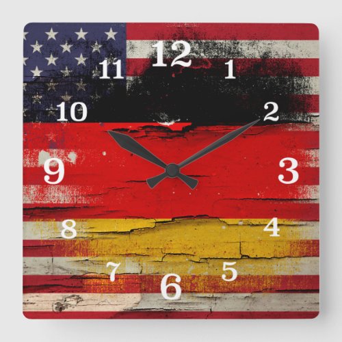 Crackle Paint  German American Flag Square Wall Clock