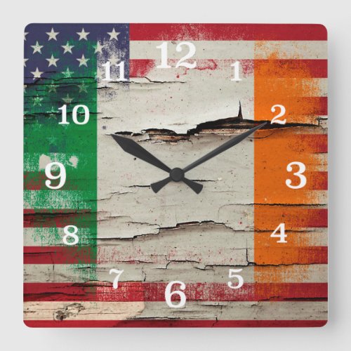 Crackle Paint  Irish American Flag Square Wall Clock