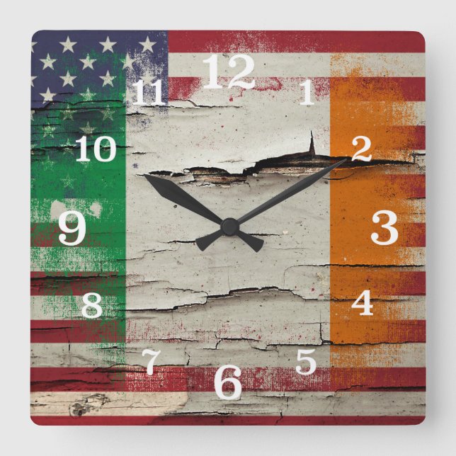 Crackle Paint | Irish American Flag Square Wall Clock (Front)