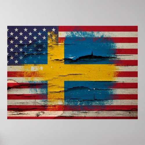 Crackle Paint  Swedish American Flag Poster