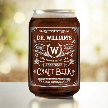 Craft Beer Custom Name Monogram Vintage Look White Can Glass by FunnyTShirtsAndMore at Zazzle