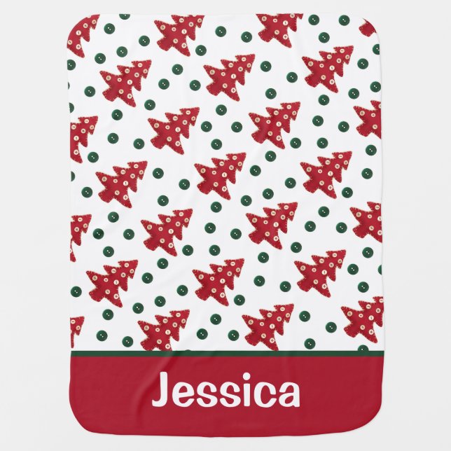 Craft Red Christmas Trees and Buttons Personalised Baby Blanket (Front)