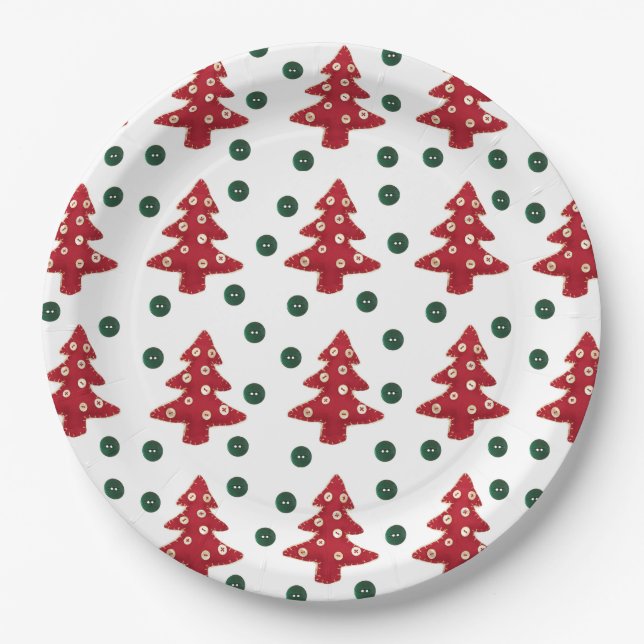Craft Red Christmas Trees Button Baubles Paper Plates (Front)