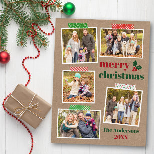 Craft Tape Holly Merry Christmas 5 Photo Kraft Postcard