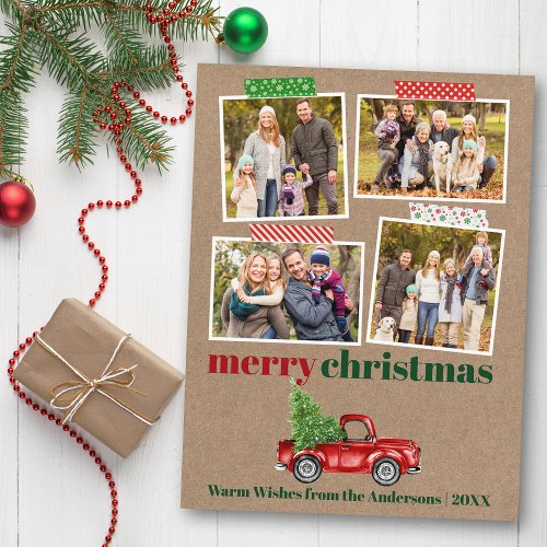 Craft Tape Red Truck Christmas Kraft Photo Postcard