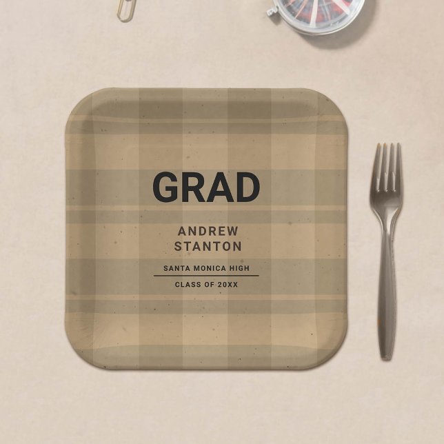 Craft Tartan Plaid Modern Simple Boy Graduation Paper Plates (rustic craft tartan plaid graduation personalized paper plate)