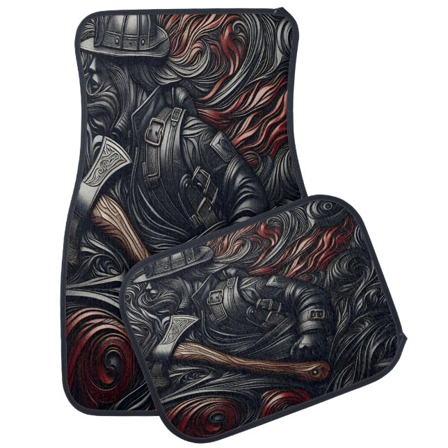 Crafted Leather Tribute to Heroic Fireman Car Floor Mat (Set)