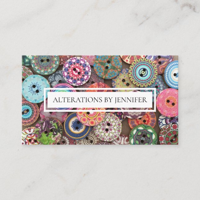 Crafters, Seamstress Colorful Wood Buttons Collage Business Card (Front)