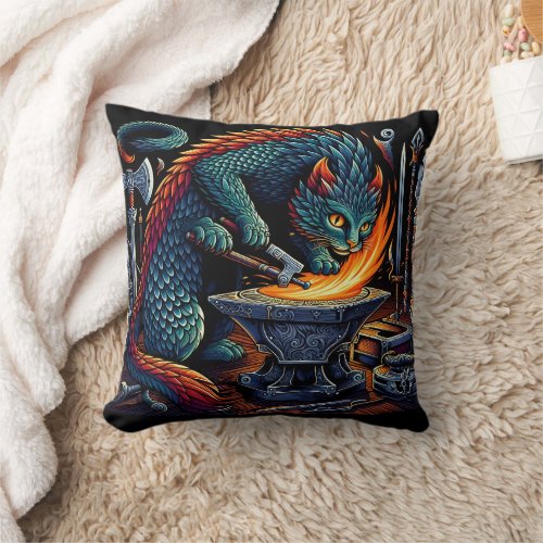 Crafting Flames Cat Blacksmith at Work Throw Pillow