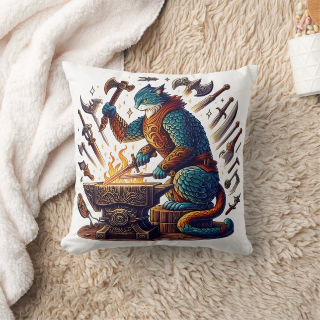 Crafting Weapons in a Fantasy Blacksmith Throw Pillow (Blanket)