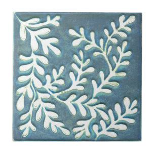 Craftsman Ceramic tile, Blue & white leaves Cerami Tile