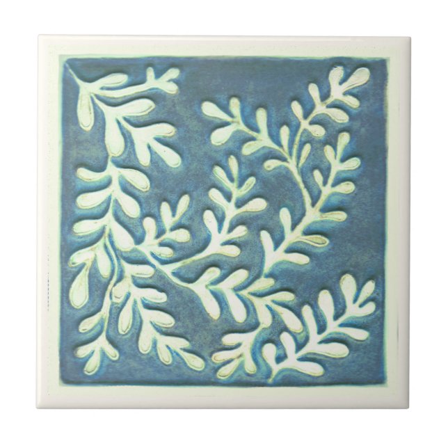 Craftsman Ceramic tile, Blue & white leaves Ceramic Tile (Front)