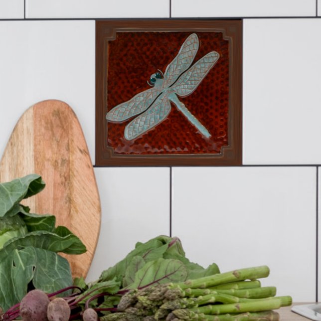 Craftsman Dragonfly Tile, Brown and turquoise Ceramic Tile (Brown and turquoise dragonfly tile shown in a kitchen with  white tiles.)