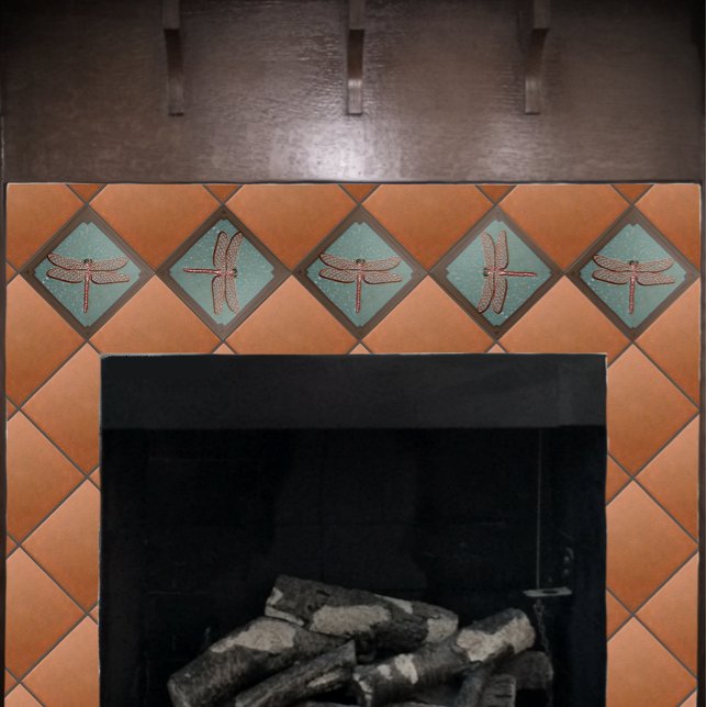 Craftsman Dragonfly Tile, Green and copper Ceramic Tile (Dragon fly tile on a fireplace with deep copper field tiles.)