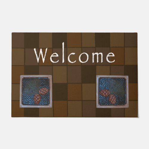Craftsman Welcome Mat with brown pinecone