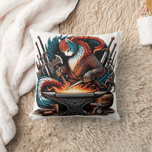 Crafty Cat Blacksmith in Colorful Fantasy Workshop Throw Pillow