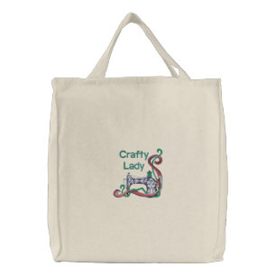 Crafty Lady Sewing Embroidered Tote Bag