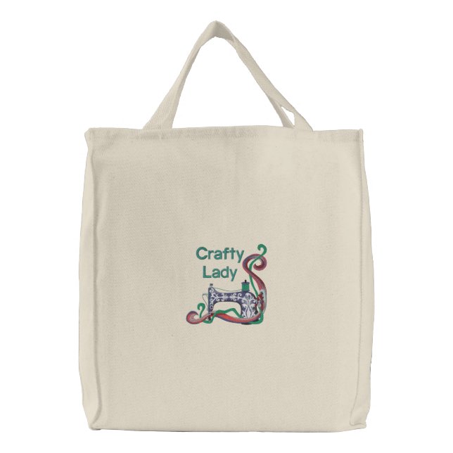 Crafty Lady Sewing Embroidered Tote Bag (Front)