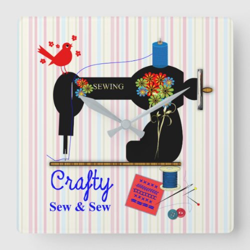 Crafty Sew And Sew Vintage Sewing Machine Square Wall Clock