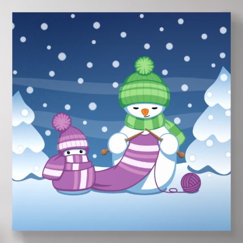 Crafty Snowman Knitting Scarf Acrylic Photo Tile