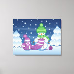 Crafty Snowman Knitting Scarf Canvas Print<br><div class="desc">Vector illustration of two adorable cartoon snowmen dressed in knitted hats and scarves. The big crafty snowman is knitting an oversized scarf for the little one. The scarf is already wrapped several times around the cute little snowman.</div>
