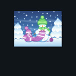 Crafty Snowman Knitting Scarf Canvas Print<br><div class="desc">Vector illustration of two adorable cartoon snowmen dressed in knitted hats and scarves. The big crafty snowman is knitting an oversized scarf for the little one. The scarf is already wrapped several times around the cute little snowman.</div>