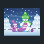 Crafty Snowman Knitting Scarf Canvas Print<br><div class="desc">Vector illustration of two adorable cartoon snowmen dressed in knitted hats and scarves. The big crafty snowman is knitting an oversized scarf for the little one. The scarf is already wrapped several times around the cute little snowman.</div>