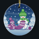 Crafty Snowman Knitting Scarf Ceramic Ornament<br><div class="desc">Vector illustration of two adorable cartoon snowmen dressed in knitted hats and scarves. The big crafty snowman is knitting an oversized scarf for the little one. The scarf is already wrapped several times around the cute little snowman.</div>