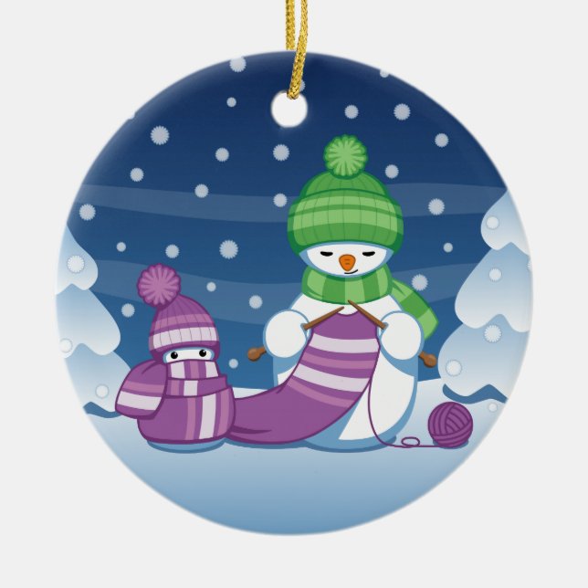 Crafty Snowman Knitting Scarf Ceramic Ornament (Front)