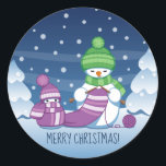 Crafty Snowman Knitting Scarf Classic Round Sticker<br><div class="desc">Vector illustration of two adorable cartoon snowmen dressed in knitted hats and scarves. The big crafty snowman is knitting an oversized scarf for the little one. The scarf is already wrapped several times around the cute little snowman.</div>