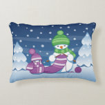 Crafty Snowman Knitting Scarf Decorative Pillow<br><div class="desc">Vector illustration of two adorable cartoon snowmen dressed in knitted hats and scarves. The big crafty snowman is knitting an oversized scarf for the little one. The scarf is already wrapped several times around the cute little snowman.</div>