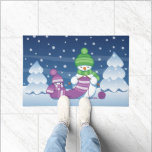 Crafty Snowman Knitting Scarf Doormat<br><div class="desc">Vector illustration of two adorable cartoon snowmen dressed in knitted hats and scarves. The big crafty snowman is knitting an oversized scarf for the little one. The scarf is already wrapped several times around the cute little snowman.</div>