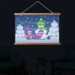 Crafty Snowman Knitting Scarf Hanging Tapestry<br><div class="desc">Vector illustration of two adorable cartoon snowmen dressed in knitted hats and scarves. The big crafty snowman is knitting an oversized scarf for the little one. The scarf is already wrapped several times around the cute little snowman.</div>