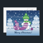 Crafty Snowman Knitting Scarf Holiday Postcard<br><div class="desc">Vector illustration of two adorable cartoon snowmen dressed in knitted hats and scarves. The big crafty snowman is knitting an oversized scarf for the little one. The scarf is already wrapped several times around the cute little snowman.</div>