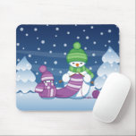 Crafty Snowman Knitting Scarf Mouse Pad<br><div class="desc">Vector illustration of two adorable cartoon snowmen dressed in knitted hats and scarves. The big crafty snowman is knitting an oversized scarf for the little one. The scarf is already wrapped several times around the cute little snowman.</div>
