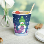 Crafty Snowman Knitting Scarf Paper Cups<br><div class="desc">Vector illustration of two adorable cartoon snowmen dressed in knitted hats and scarves. The big crafty snowman is knitting an oversized scarf for the little one. The scarf is already wrapped several times around the cute little snowman.</div>